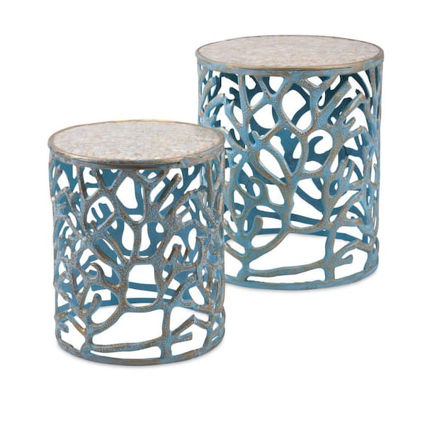 Benjara 20 in. Height Round shaped Aluminium Matte Light Blue Cylindrical Outdoor Side Tables (Set of 2)