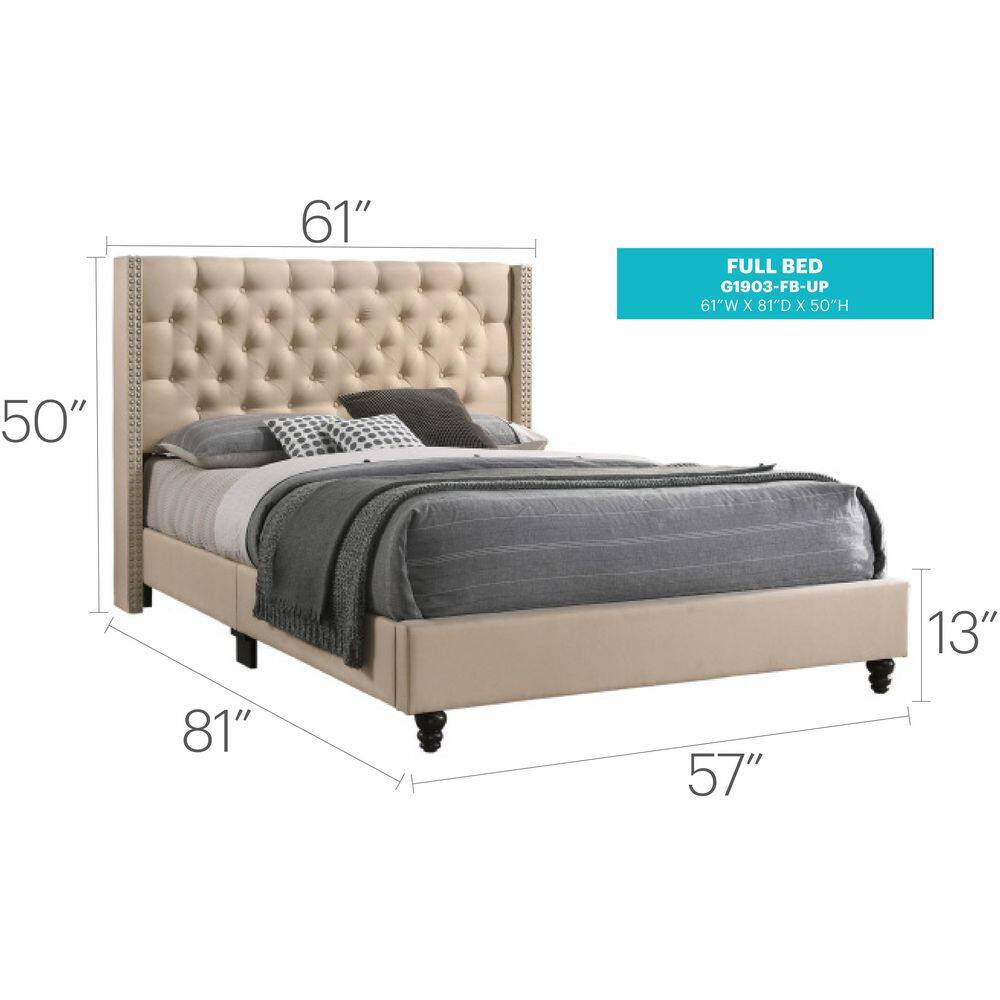 Julie Beige Velvet Tufted Full Panel Bed with Nailhead Trim