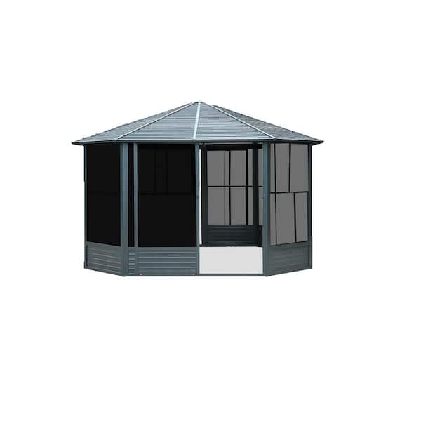 Unbranded Outdoor 13 ft. x 13 ft. Octagonal Solarium, Sunroom, Screen House with Lockable Door, Galvanized Steel Roof, Dark Grey