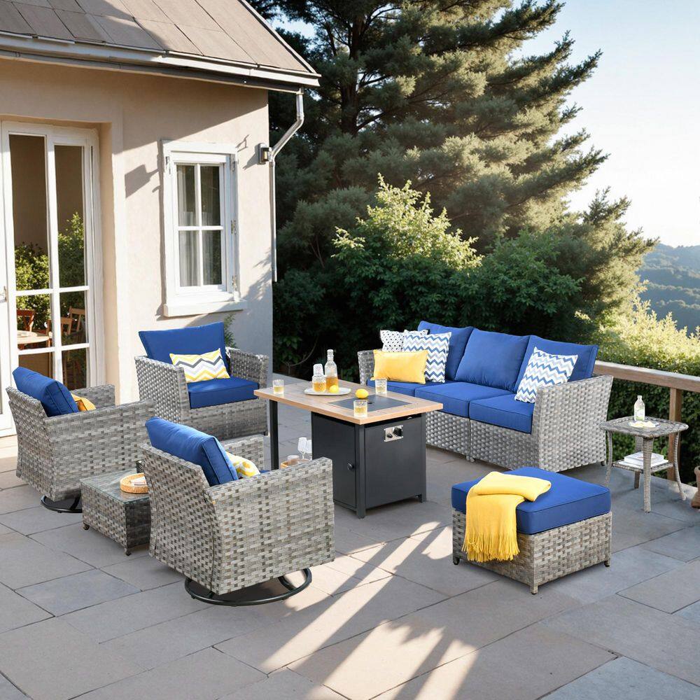 Eufaula Gray 10-Piece Wicker Outdoor Patio Conversation Sofa Set with a Storage Shelf Fire Pit and Navy Blue Cushions price history on PriceWatchPro
