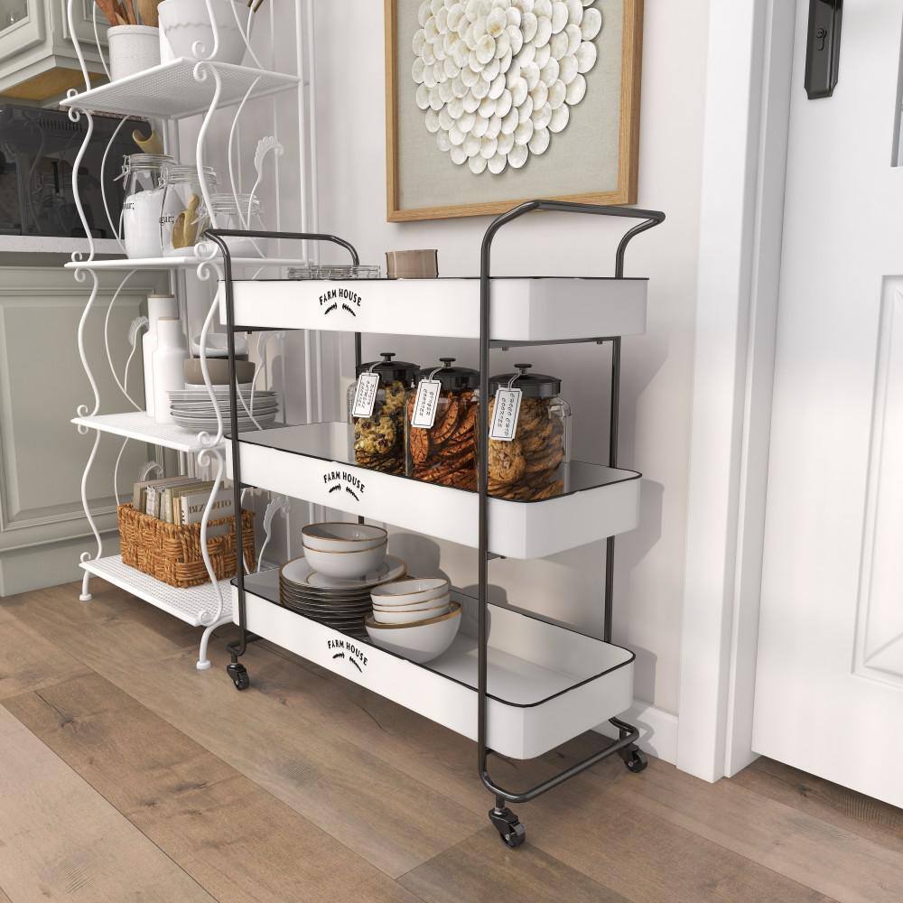 White Metal Rolling Utility Cart with Black Accents and Farmhouse Design