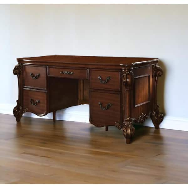 HomeRoots 74 in. Rectangular Brown Engineered Wood 5-Drawer Computer Desks