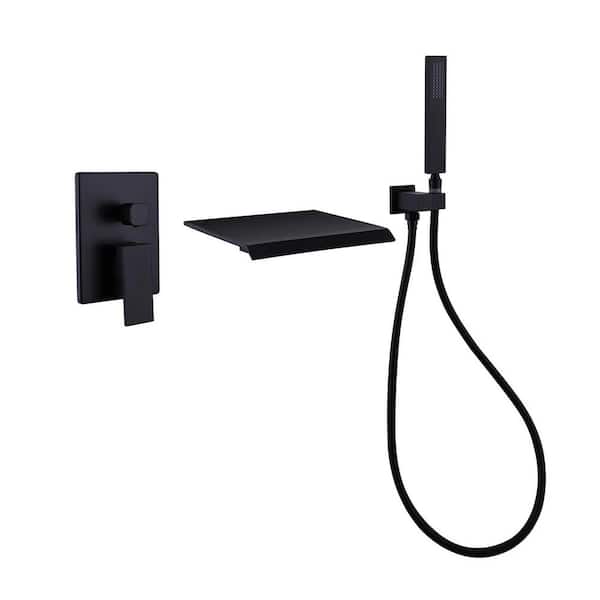 8 in. Single-Handle Freestanding Tub Faucet Solid Brass Waterfall Wall Mounted Tub Spout with Handshower in Matte Black
