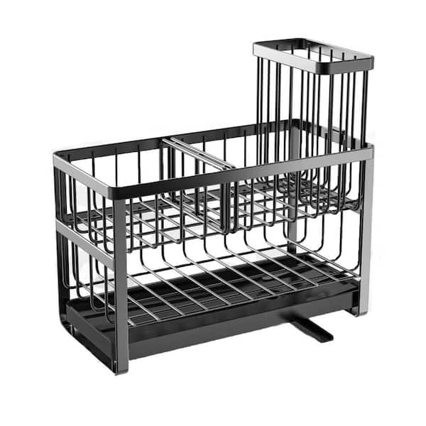 Black Stainless Steel Kitchen Sink Sponge Holder 2-Tier Utensil Caddy with Rotatable Spout Storage Tray