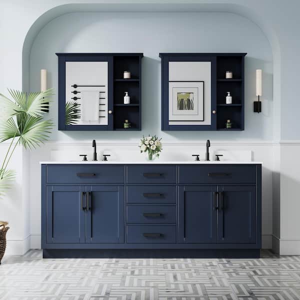 NORA 80 in. Freestanding Navy Blue Solid Wood Bath Vanity with Pure White Cultured Marble Top, Soft-Close, Assembled