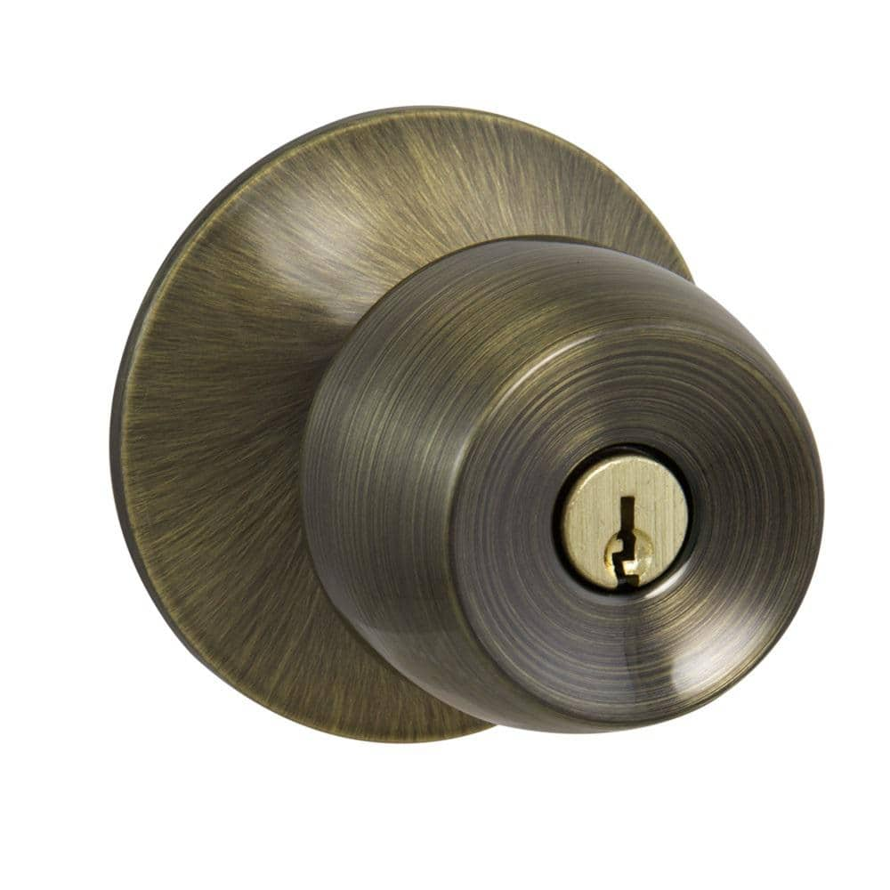 Brinks, Keyed Entry Tulip Doorknob, Antique Brass Finish, Twin Pack