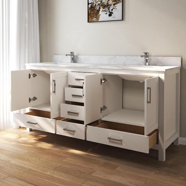 72 in. W x 22 in. D x 35 in. H Double Sinks Bath Vanity Cabinet in White with Cultured Marble Top