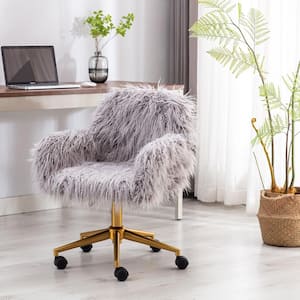 33.6 in. Gray Faux Fur Home Office Side Chair for Girls with Gold Plating Base