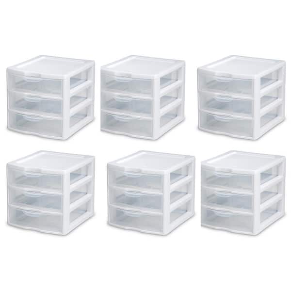 Sterilite Clear Plastic Stackable Small 3 Drawer Storage System, White, (12 Pack)