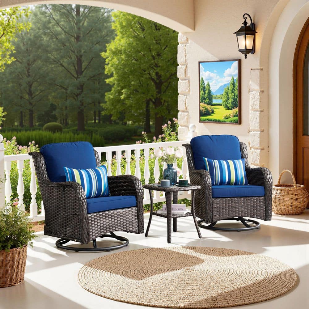 Clario 3-Piece Wicker Outdoor Rocking Chair Patio Swivel Chair Set with Navy Blue Cushion, Side Table for Backyard price history on PriceWatchPro