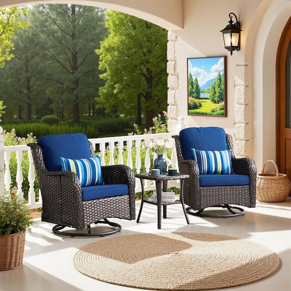 Clario 3-Piece Wicker Outdoor Rocking Chair Patio Swivel Chair Set with Navy Blue Cushion, Side Table for Backyard