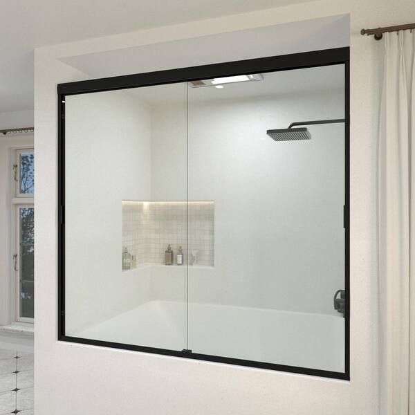 Orvix 60 in. W x 56 in. H Sliding Semi Frameless Tub Door in Matte Black Finish with Clear Glass