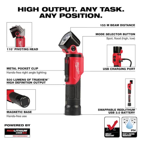 Milwaukee 500 Lumens LED Pivoting REDLITHIUM USB Flashlight 2113