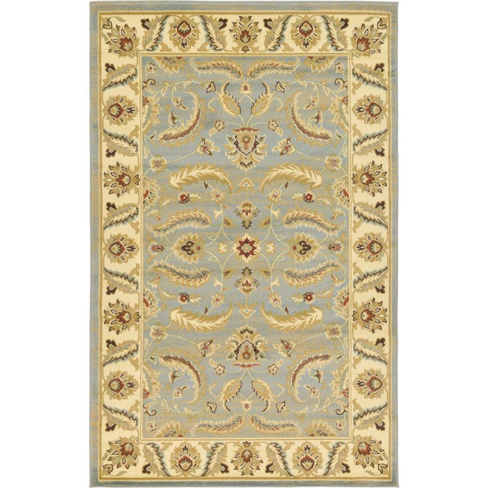 Aditi Light Blue Floral Motif Easy-Care Rectangular Rug