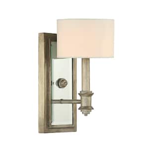 Caracas 6 in. 1-Light Distressed Argentum Wall Sconce  with Beveled Mirror and White Fabric Shade