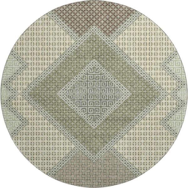 Mayfield Premium Machine Washable Abstract AMF2111 Green 8 ft. x 8 ft. Round Rug