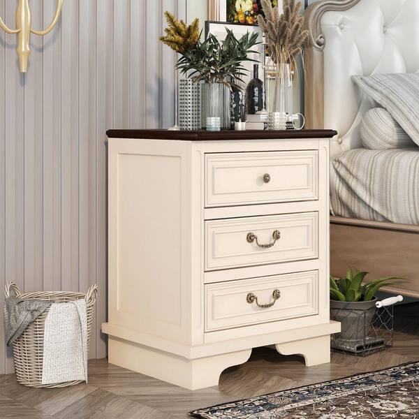 white nightstand with brown top