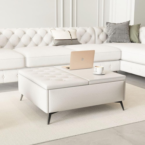 Tileon 35 in. Wide Square Storage Benches, Coffee Table with Lift Top Oversized Storage Ottoman in Upholstered in Beige