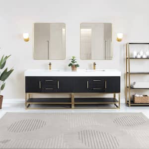 Bianco 84 in. W x 22 in. D x 34 in. H Double Sink Bath Vanity in Black Oak with White Composite Stone Top and Mirror