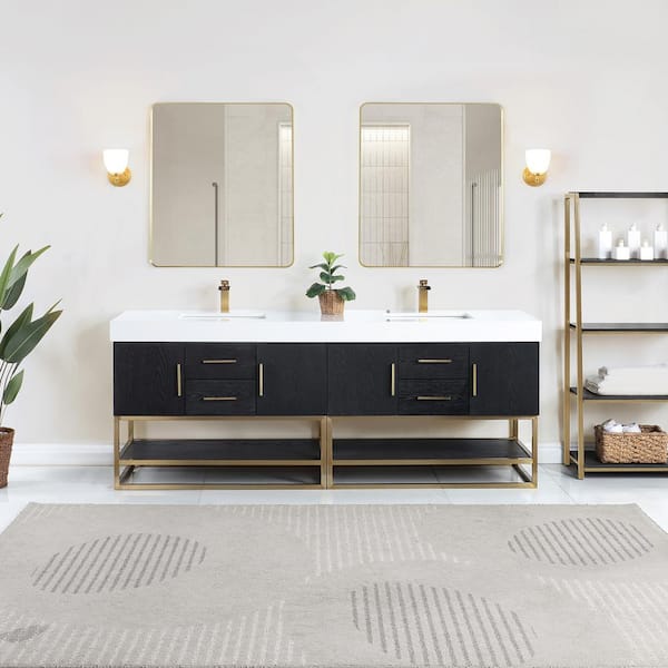 Altair Bianco 84 in. W x 22 in. D x 34 in. H Double Sink Bath Vanity in Black Oak with White Composite Stone Top and Mirror