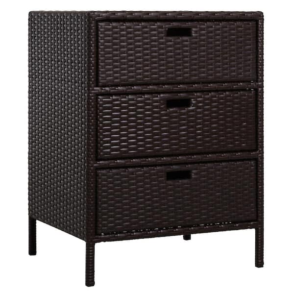 All-Weather Brown Wicker Outdoor Storage Chest, Poolside Towel Storage Cabinet, Patio Organizer with 3 Drawers