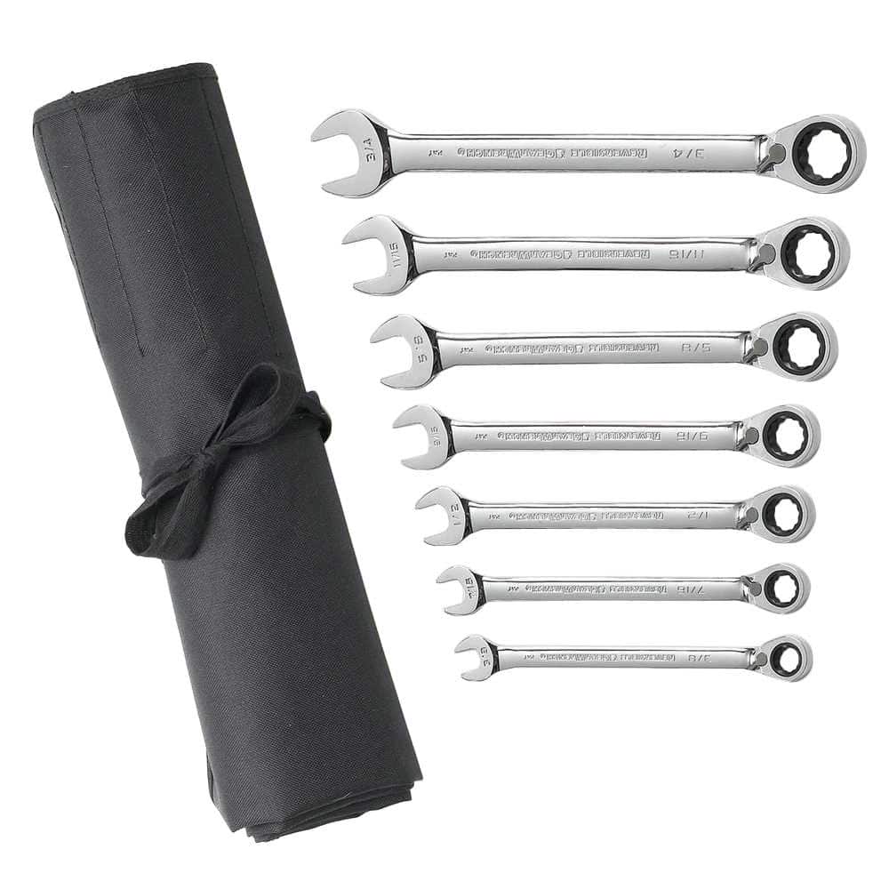 SAE 72-Tooth Reversible Combination Ratcheting Wrench Tool Set with Roll (7