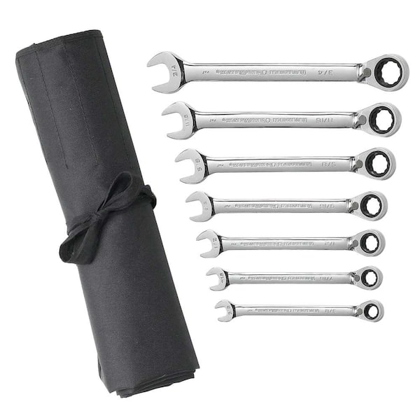 GEARWRENCH SAE 72-Tooth Reversible Combination Ratcheting Wrench Tool Set with Roll (7-Piece)