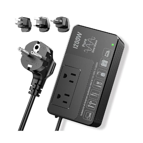2-Outlet Power Strip Surge Protector Voltage Converter 1200-Watts Travel Adapter with 3-Plugs Type, Black
