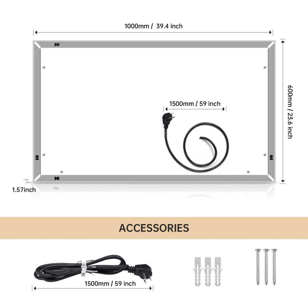 40 in. W x 24 in. H Large Rectangular Frameless Anti-Fog Wall Bathroom ...