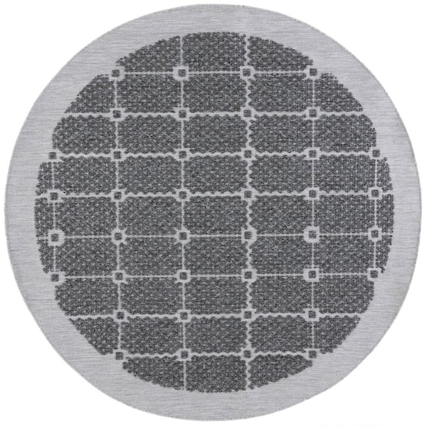 Milos Charcoal 7 ft. x 7 ft. High-Low Geometric Border Round Indoor/Outdoor Area Rug