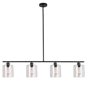 4-Light Matte Black Modern Island Pendant Light Fixtures, Linear Chandelier Hanging Light with Clear Glass Shade