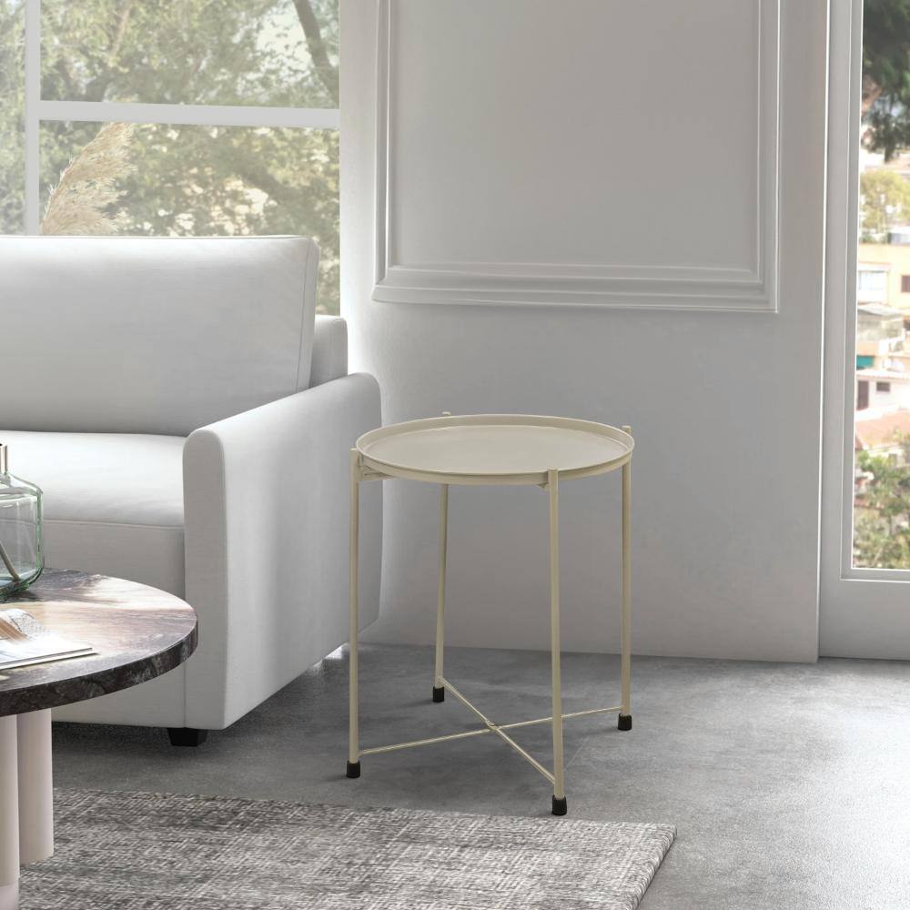 Beige 18" Round Metal Tray Top Foldable Side Table