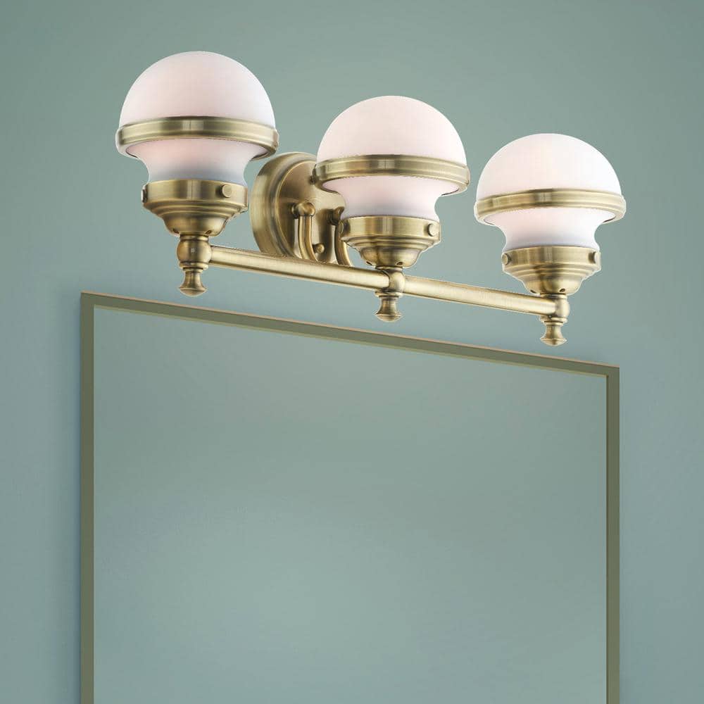 Antique Brass 3-Light Vanity with Hand Blown Satin Opal White Glass