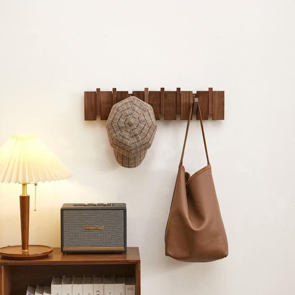 Walnut Wood Wall Mounted Coat Rack with 8 Hooks for Hanging Coats, Key, Hats, Towels and Bags, Coat Hooks Hanger