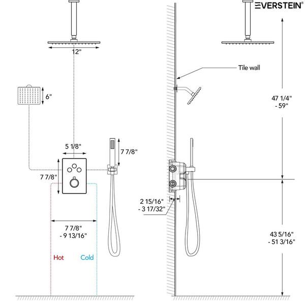 EVERSTEIN 7-Spray Patterns Thermostatic 12 in., 6 in
