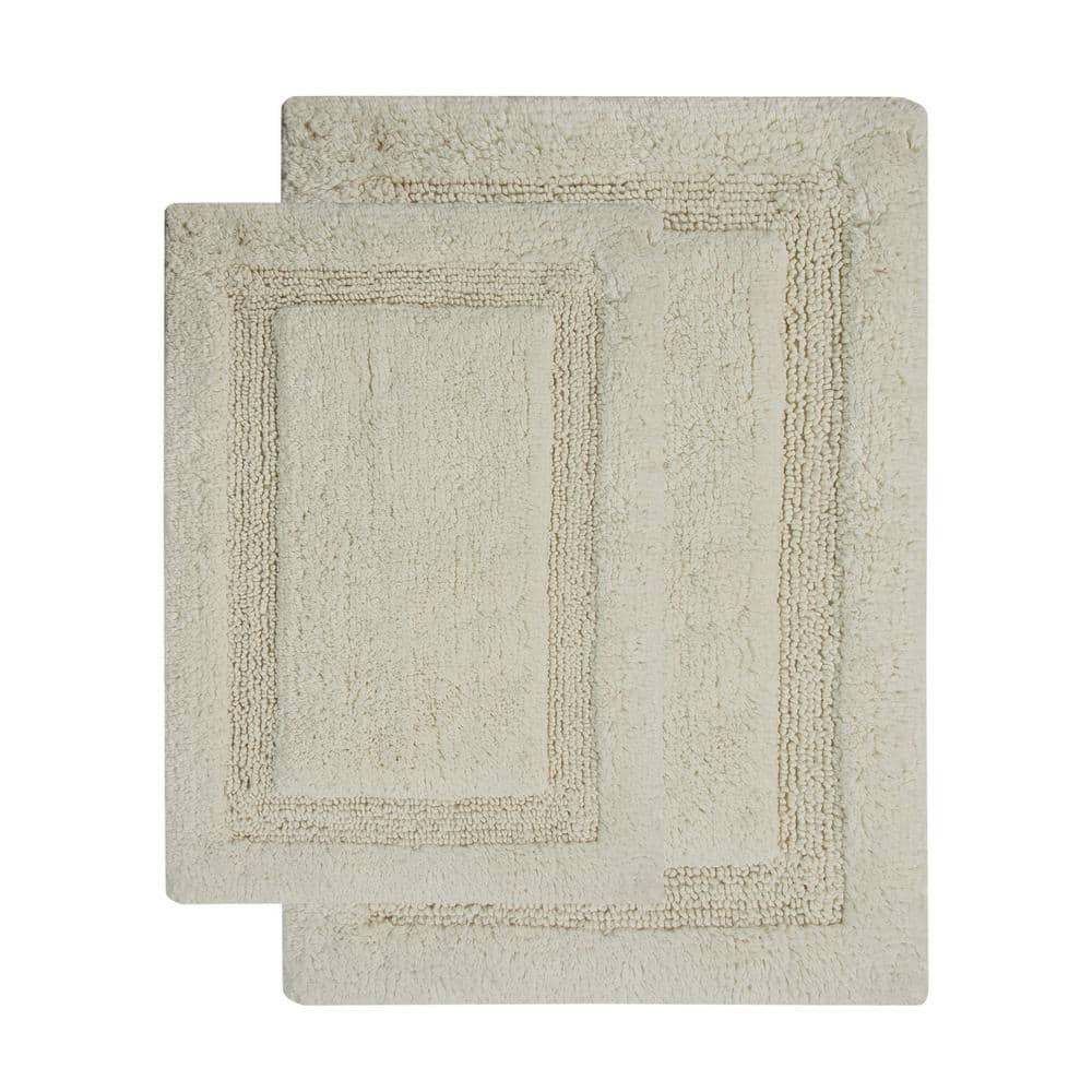 Ivory Cotton Non-Skid Bath Rug Set with Textured Border