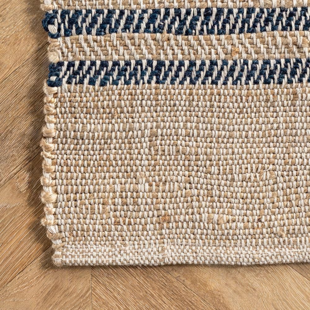 Natural Jute Flatwoven Runner Rug with Blue Stripes, 2' x 8'