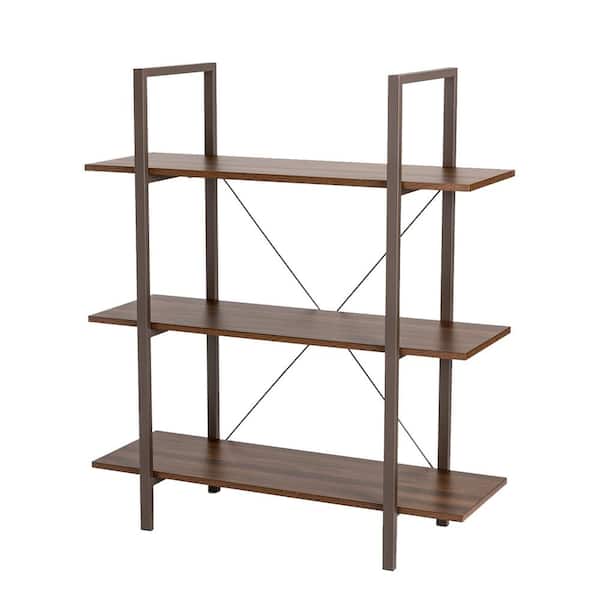 Glitzhome 41.5 in. H Brown Modern Industry Metal/Wooden 3-Shelf Ladder Bookcases - Walnut Melamine