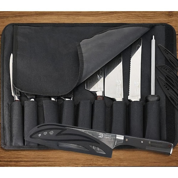 Anqtovp 8 in. Stainless Steel Japanese Chef Knife Sets with Roll