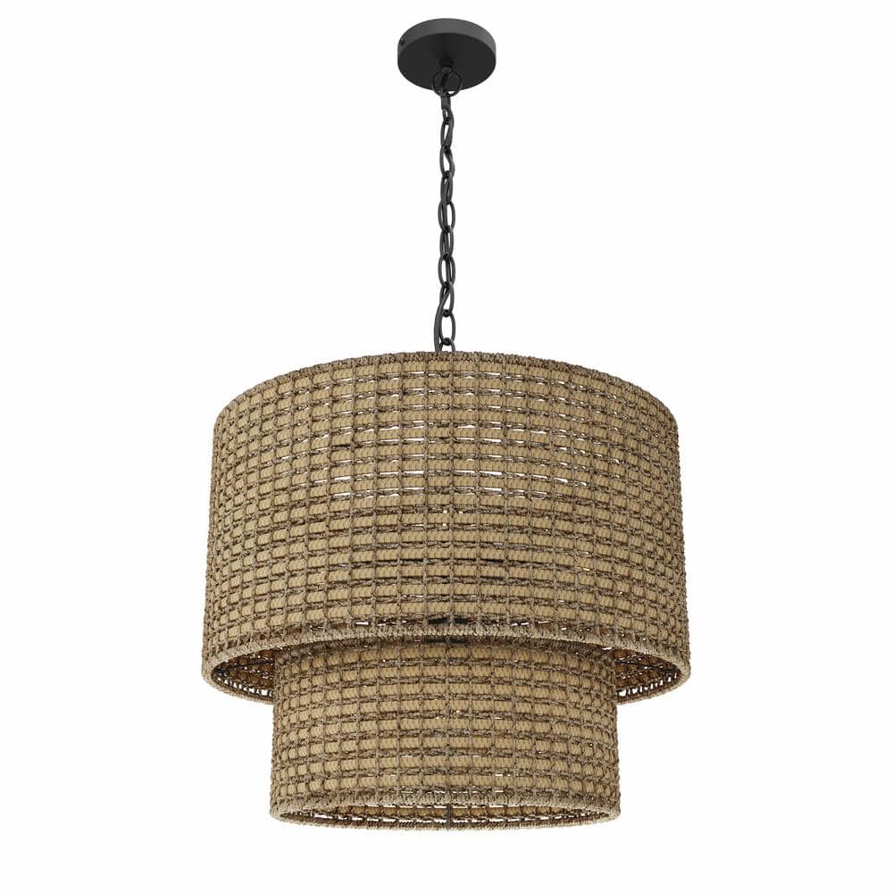 19.68 in. 4-Light 2-Tier Large Woven Rattan Chandelier Boho Farmhouse Hangi