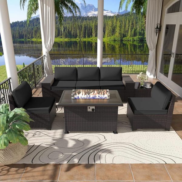 Halmuz 7-Piece Wicker Patio Conversation Set with 55000 BTU Gas Fire Pit Table and Glass Coffee Table and Black Cushions