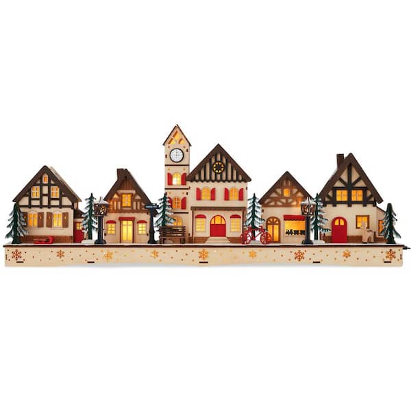 Pre-Lit Wooden 10.5 in. Christmas Village with 20 LED Lights Plug-In/Battery-Powered Winter Mantel Decor