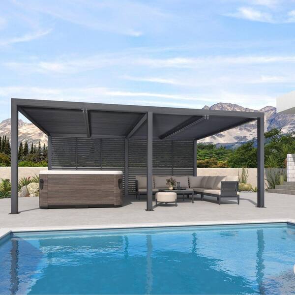 PURPLE LEAF 12 ft. x 20 ft. Gray Aluminum Louvered Pergola with 4 Adjustable Rainproof Roofs and 1-Long Side Fixed Shutter Wall