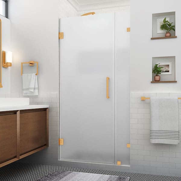 Aston Nautis XL 42.25 - 43.25 in. W x 80 in. H Hinged Frameless Shower Door in Brushed Gold with Ultra-Bright Frosted Glass