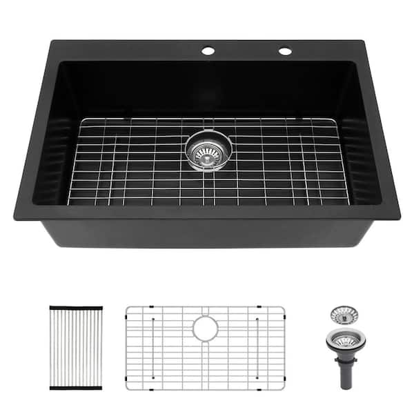 33 in. Drop-In/Top Mount Deep Single Bowl Sink Black Quartz Composite Kitchen Sink 2-Holes Round Corner with Bottom Grid