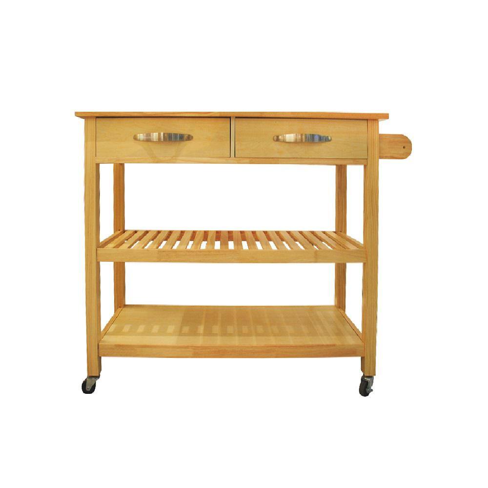 Movisa Natural Wood Kitchen Cart with Two Lockable Wheels, Rubber Wood