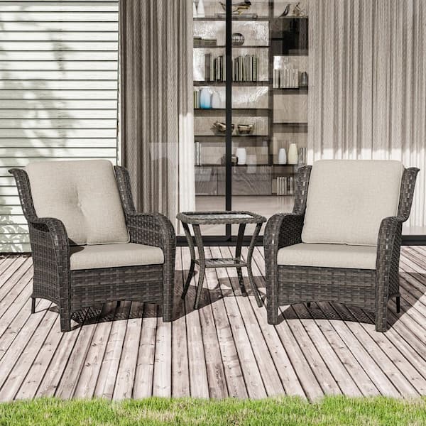 3-Piece Wicker Patio Outdoor Lounge Chair Set with Beige Cushions and Side Table