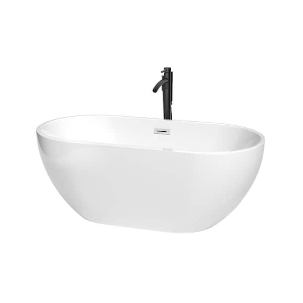 Wyndham Collection Brooklyn 60 in. Acrylic Flatbottom Bathtub in White with Polished Chrome Trim and Matte Black Faucet