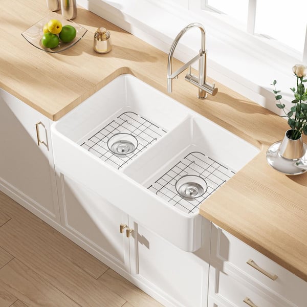 Denbigh Crisp White Fireclay 33 in. Double Bowl Farmhouse Apron Kitchen Sink with Bottom Grid