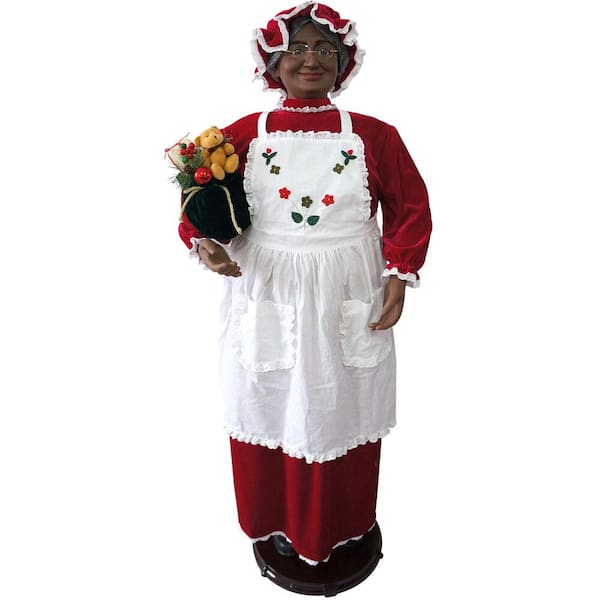 Fraser Hill Farm 58 in. African American Dancing Mrs. Claus with Apron, Gift Sack, Standing Decor, Motion-Activated Christmas Animatronic